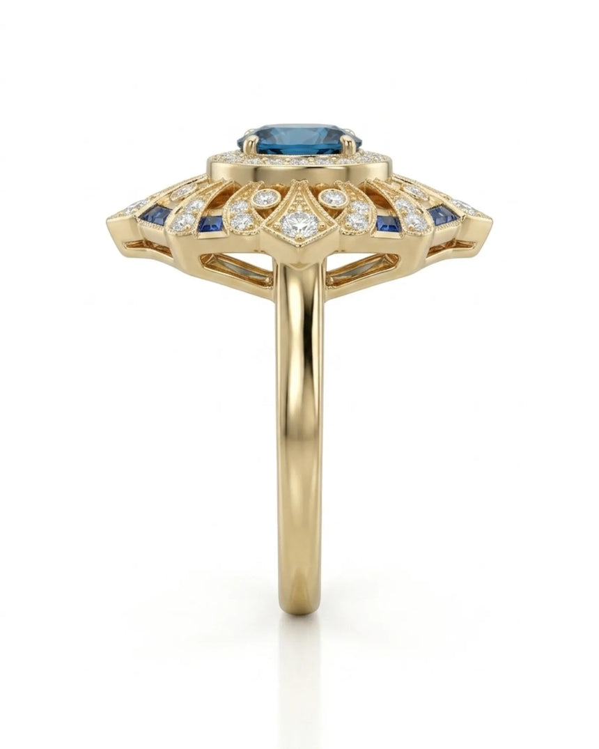 London Blue topaz statement ring with ornate diamond frame for milestone gifting in 18K yellow gold | SARATTI