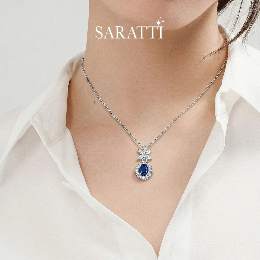 Luna Halo natural blue sapphire pendant necklace in sterling silver | SARATTI
