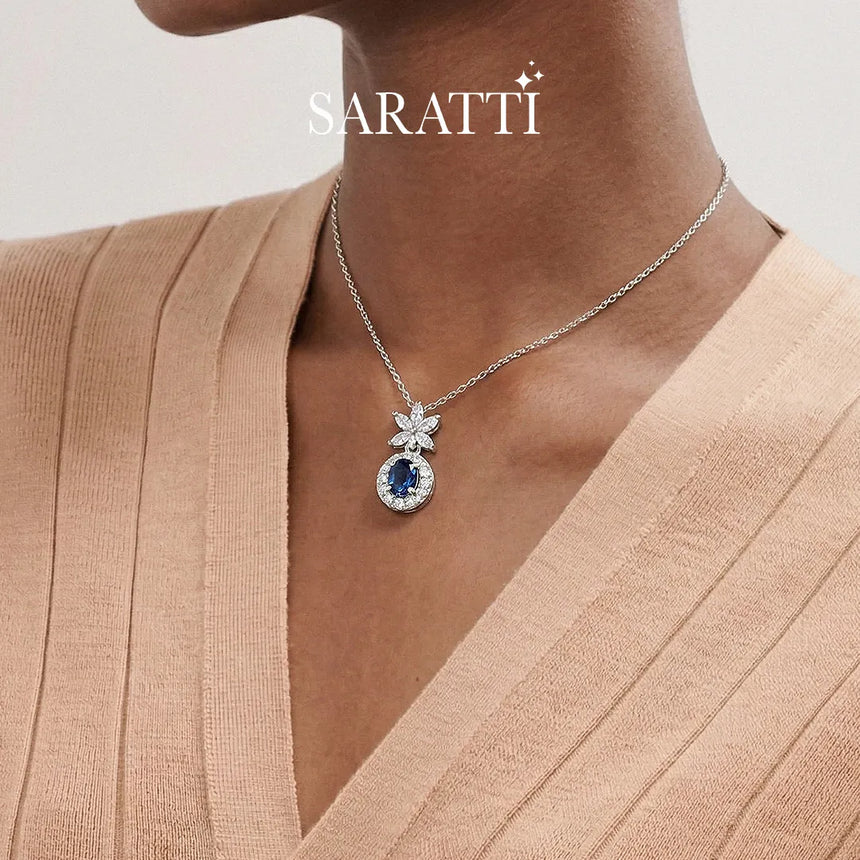 Luna Halo necklace with deep blue oval sapphire | SARATTI
