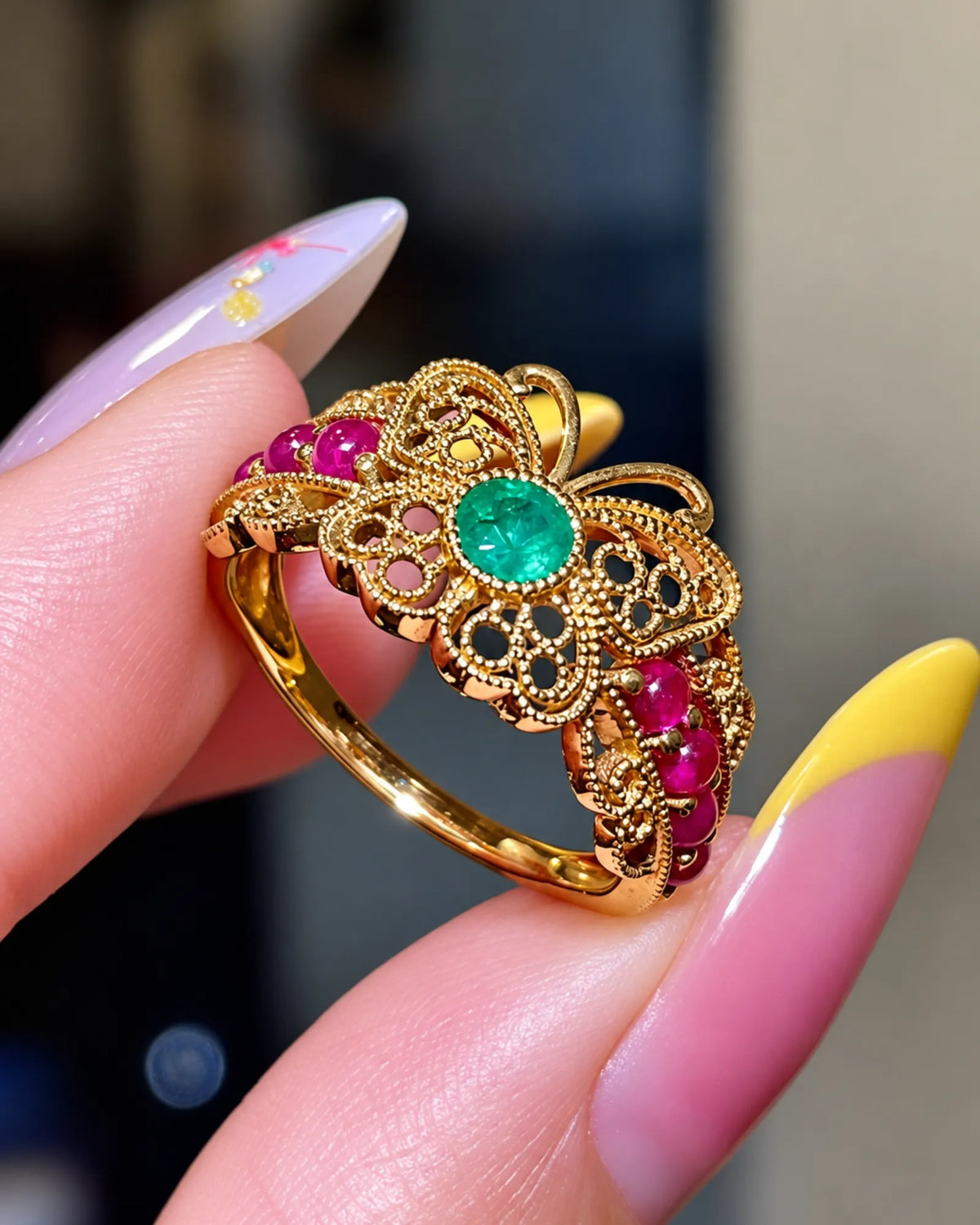 Luxury 18K gold emerald and ruby butterfly ring with intricate openwork and hand-beaded detailing | SARATTI