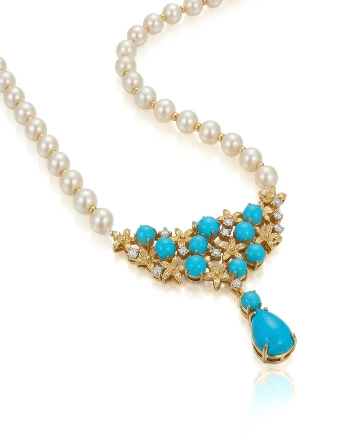 Luxury Akoya pearl necklace with blue pine beads, diamonds and floral 18K yellow gold craftsmanship | SARATTI