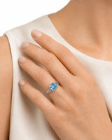 Luxury Asscher cut aquamarine ring in platinum with enduring sculptural detail - SARATTI