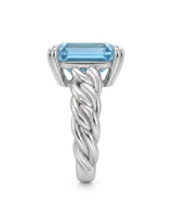 Luxury Asscher cut aquamarine ring in platinum with enduring sculptural detail | SARATTI