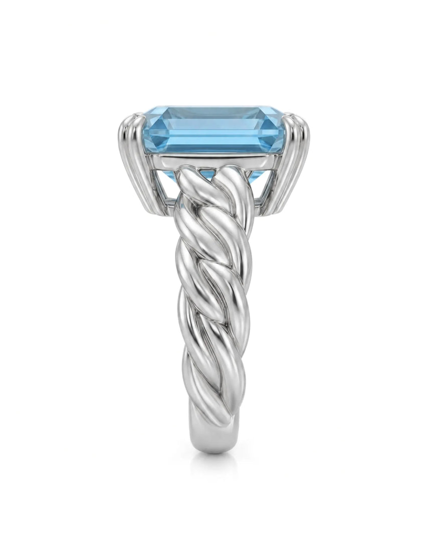 Luxury Asscher cut aquamarine ring in platinum with enduring sculptural detail | SARATTI