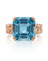 Luxury Asscher cut aquamarine ring in rose gold with romantic sculptural detail | SARATTI