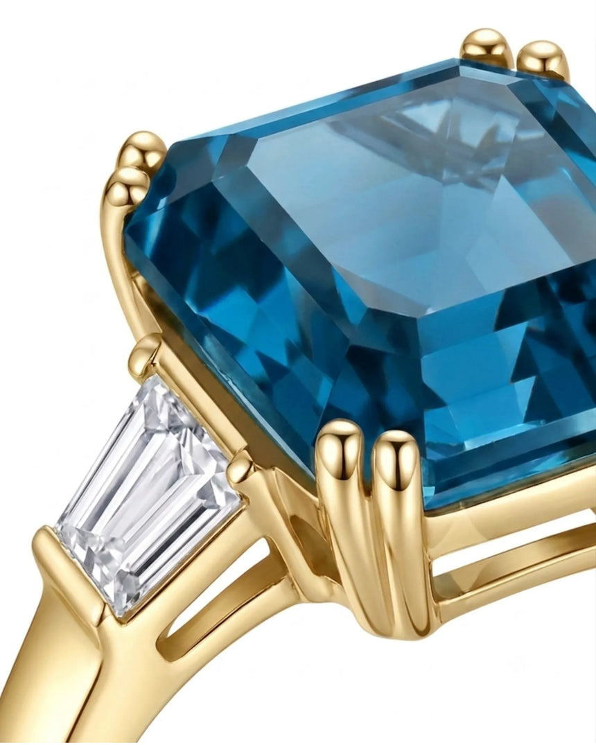 Luxury Asscher cut topaz cocktail ring with crisp diamond shoulders in 18K yellow gold | SARATTI