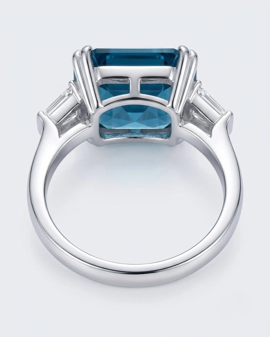Luxury Asscher cut topaz statement ring with tapered baguette diamonds in 18K white gold - SARATTI