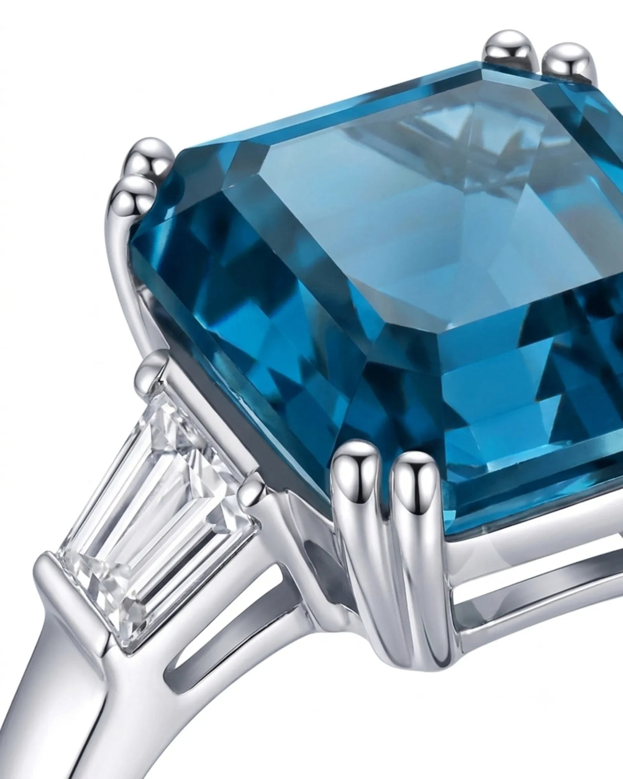 Luxury Asscher cut topaz statement ring with tapered baguette diamonds in 18K white gold | SARATTI