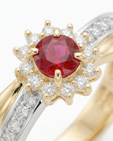 Luxury Ruby and Diamond Halo Ring in Two-Tone 18K Gold | SARATTI