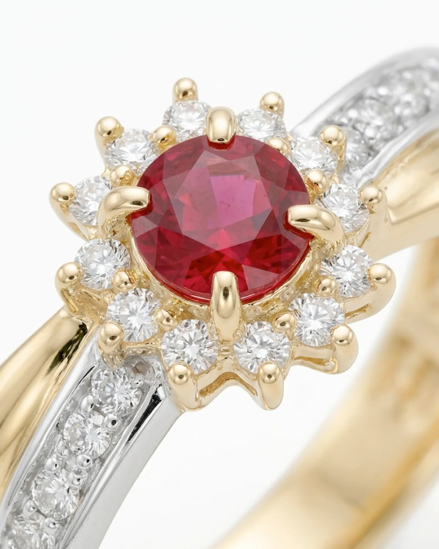 Luxury Ruby and Diamond Halo Ring in Two-Tone 18K Gold | SARATTI