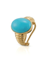 Luxury Sleeping Beauty turquoise earrings with bold oval cabochons and sculptural 18K yellow gold setting | SARATTI