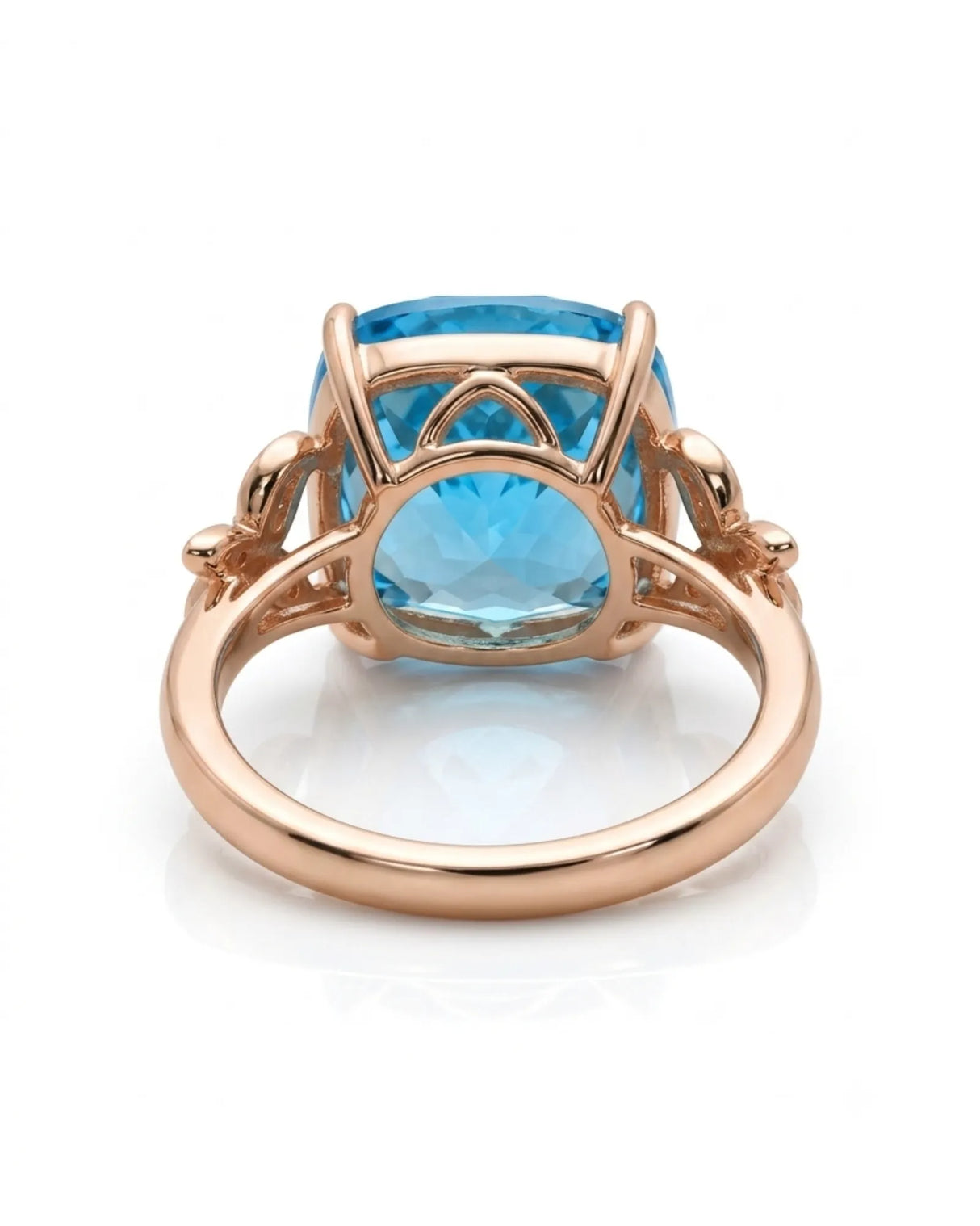 Luxury Swiss Blue topaz statement ring with sculpted diamond shoulders in 18K rose gold - SARATTI
