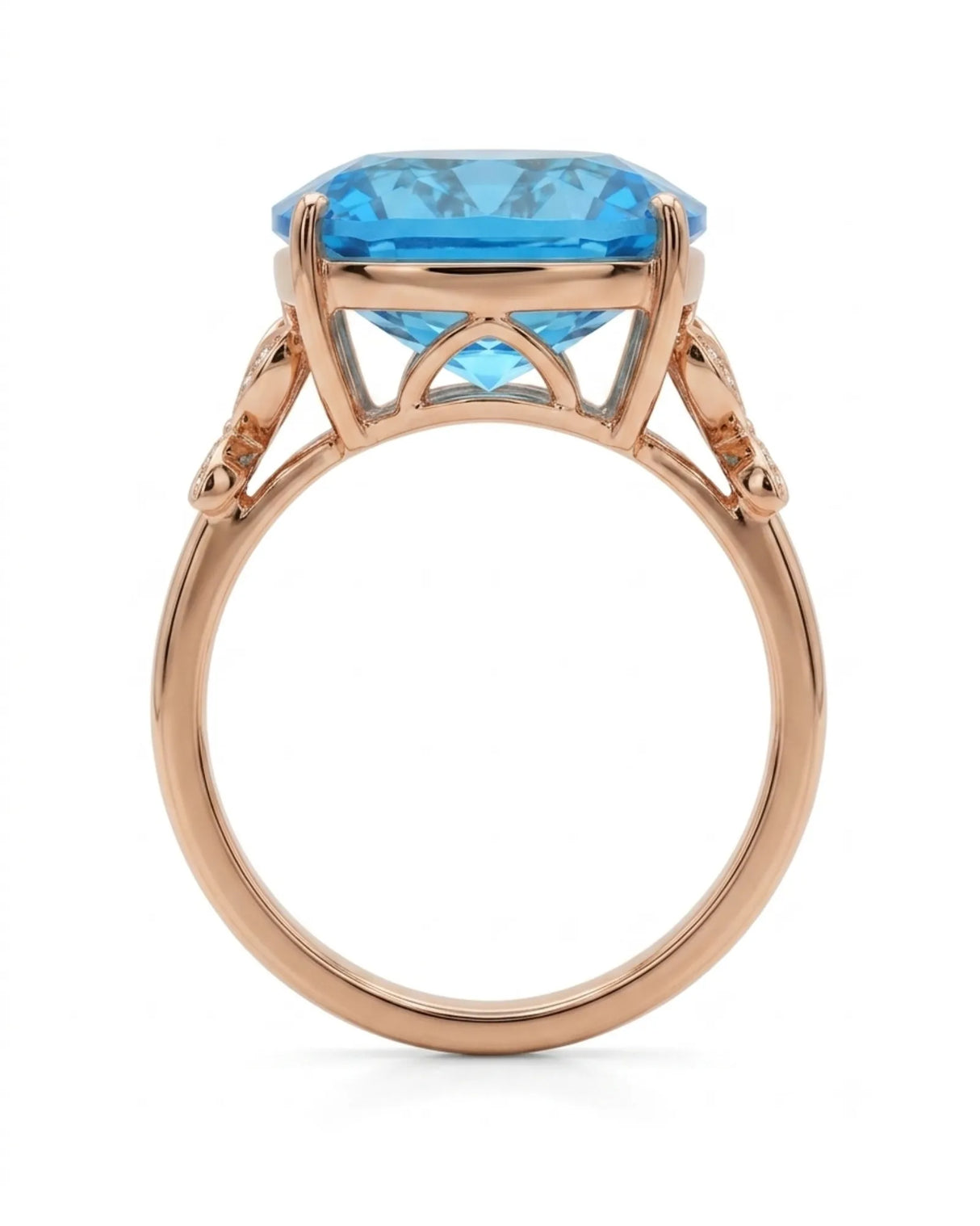 Luxury Swiss Blue topaz statement ring with sculpted diamond shoulders in 18K rose gold | SARATTI