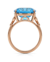 Luxury Swiss Blue topaz statement ring with sculpted diamond shoulders in 18K rose gold | SARATTI