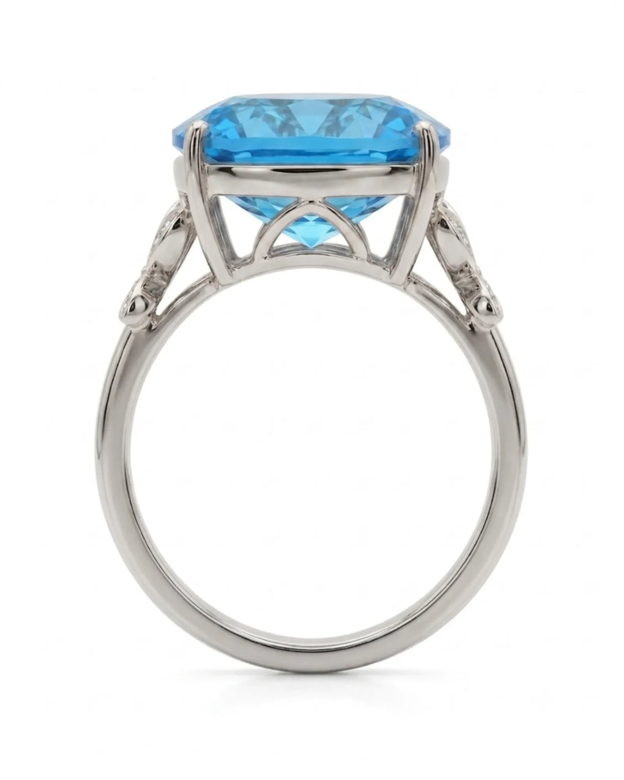 Luxury Swiss Blue topaz statement ring with sculpted diamond shoulders in 18K white gold - SARATTI