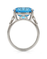 Luxury Swiss Blue topaz statement ring with sculpted diamond shoulders in 18K white gold - SARATTI