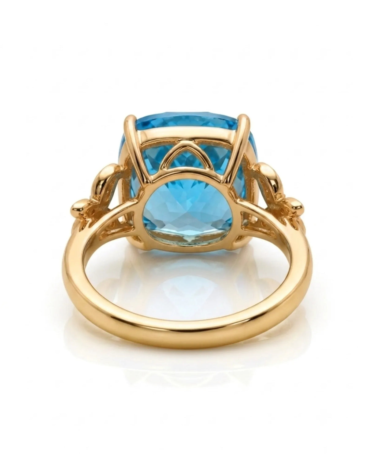 Luxury Swiss Blue topaz statement ring with sculpted diamond shoulders in 18K yellow gold - SARATTI