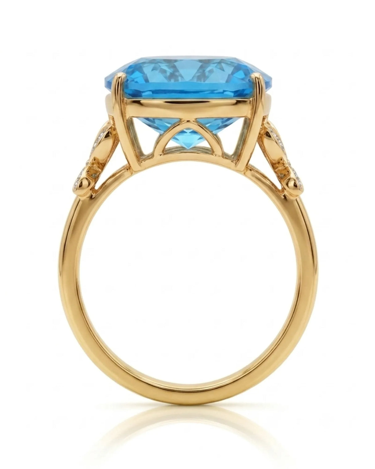 Luxury Swiss Blue topaz statement ring with sculpted diamond shoulders in 18K yellow gold | SARATTI
