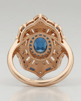 Luxury architectural topaz cocktail ring with blue accents and diamonds in 18K rose gold - SARATTI