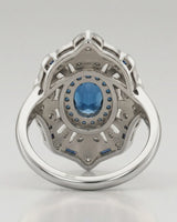 Luxury architectural topaz cocktail ring with blue accents and diamonds in 18K white gold - SARATTI