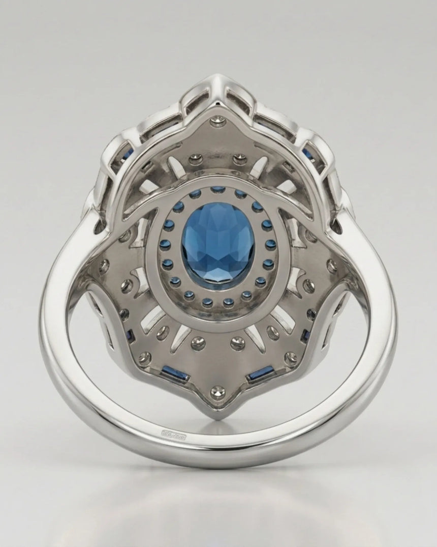 Luxury architectural topaz cocktail ring with blue accents and diamonds in 18K white gold - SARATTI