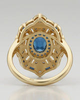 Luxury architectural topaz cocktail ring with blue accents and diamonds in 18K yellow gold - SARATTI