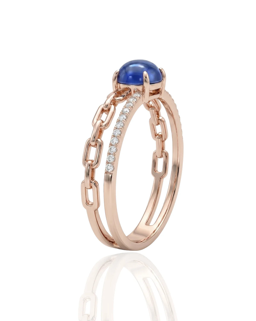 Luxury blue sapphire Cuban chain ring with romantic diamond detail in 18K rose gold - SARATTI