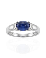 Luxury blue sapphire diamond ring with minimal modern design in 18K white gold | SARATTI