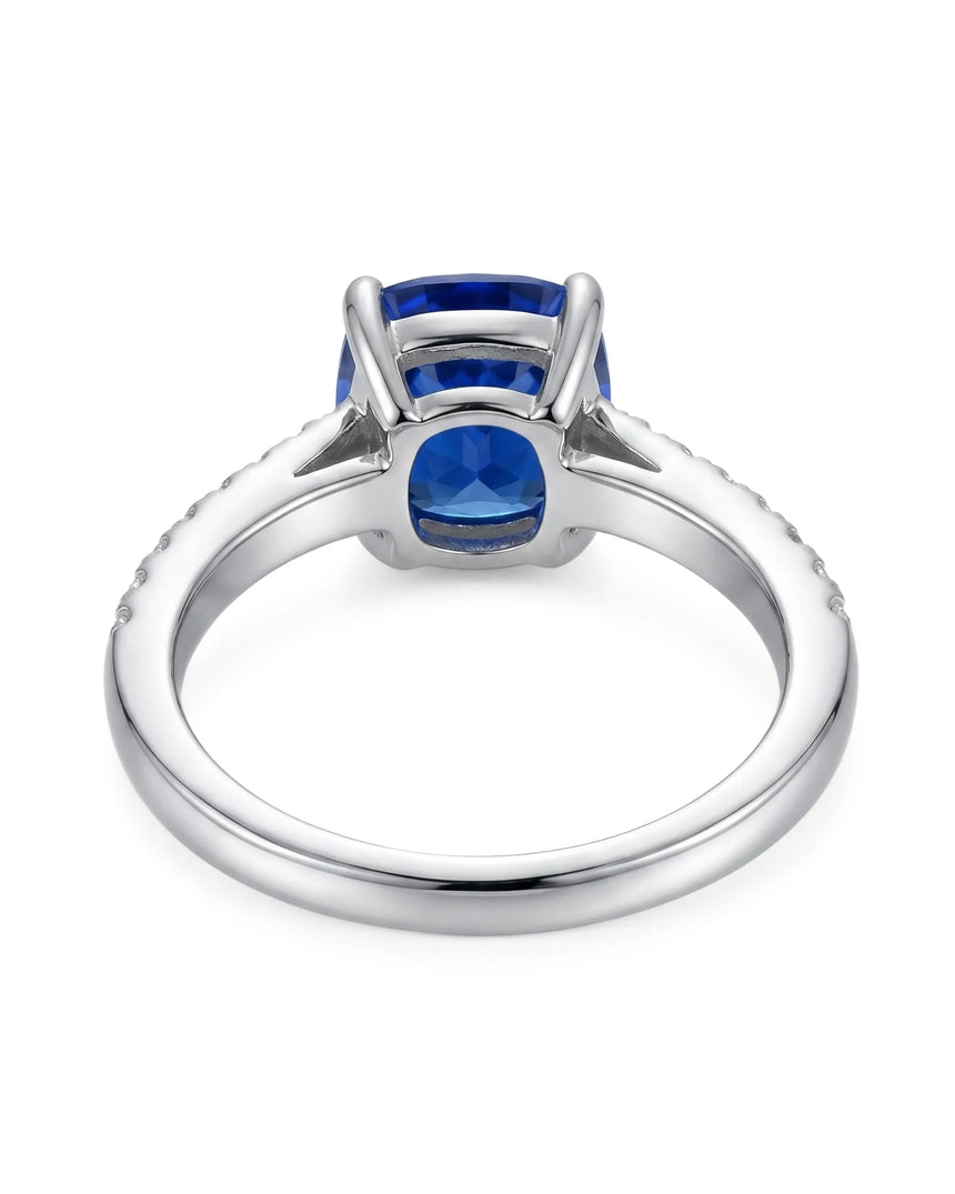 Luxury blue sapphire diamond ring with sleek contemporary design in 18K white gold | SARATTI