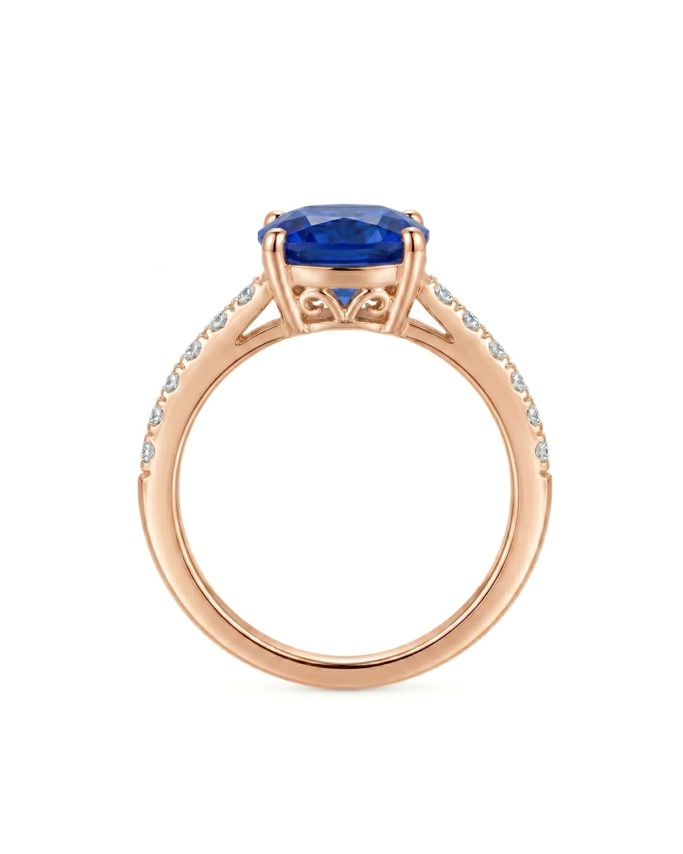 Luxury blue sapphire diamond ring with soft contemporary design in 18K rose gold | SARATTI