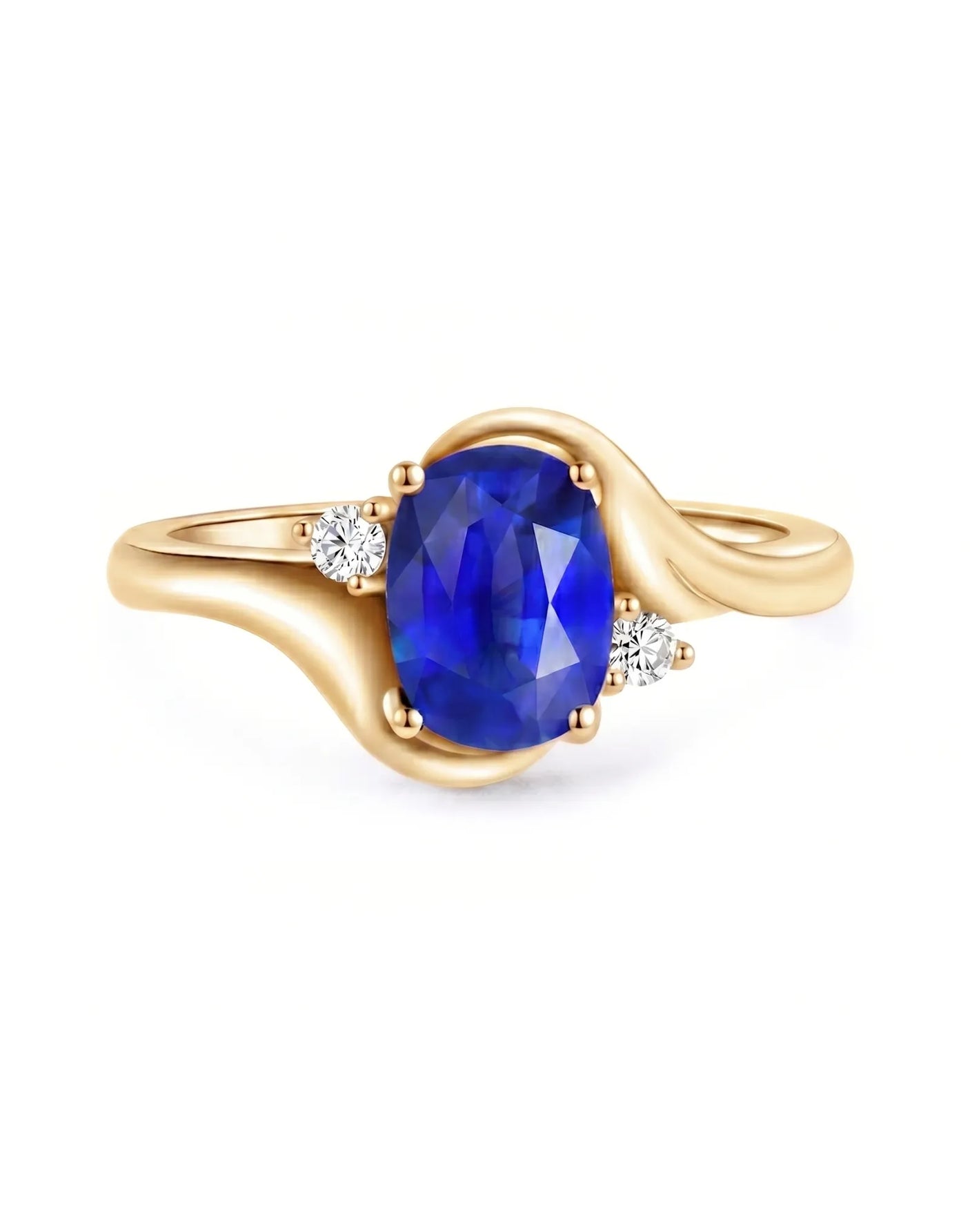 Luxury blue sapphire diamond ring with warm flowing design in 18K yellow gold | SARATTI