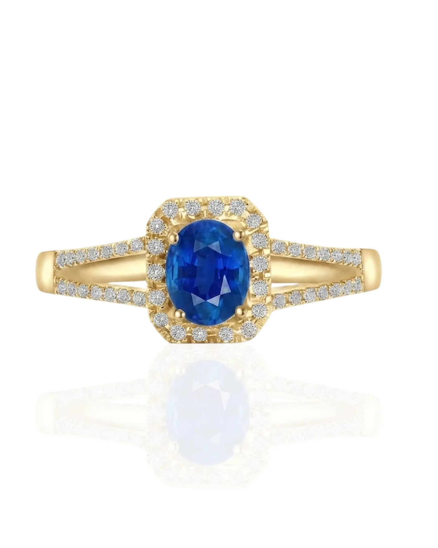 Luxury blue sapphire diamond ring with warm gold split shank design in 18K yellow gold | SARATTI