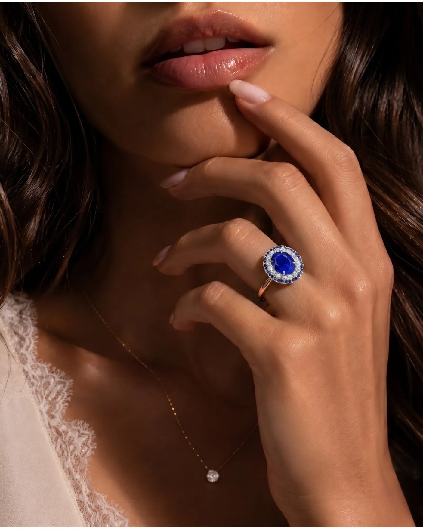 Luxury blue sapphire ring with layered diamond and sapphire halo in platinum | SARATTI