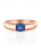 Luxury blue sapphire tension ring with minimalist 18K rose gold sculptural band | SARATTI
