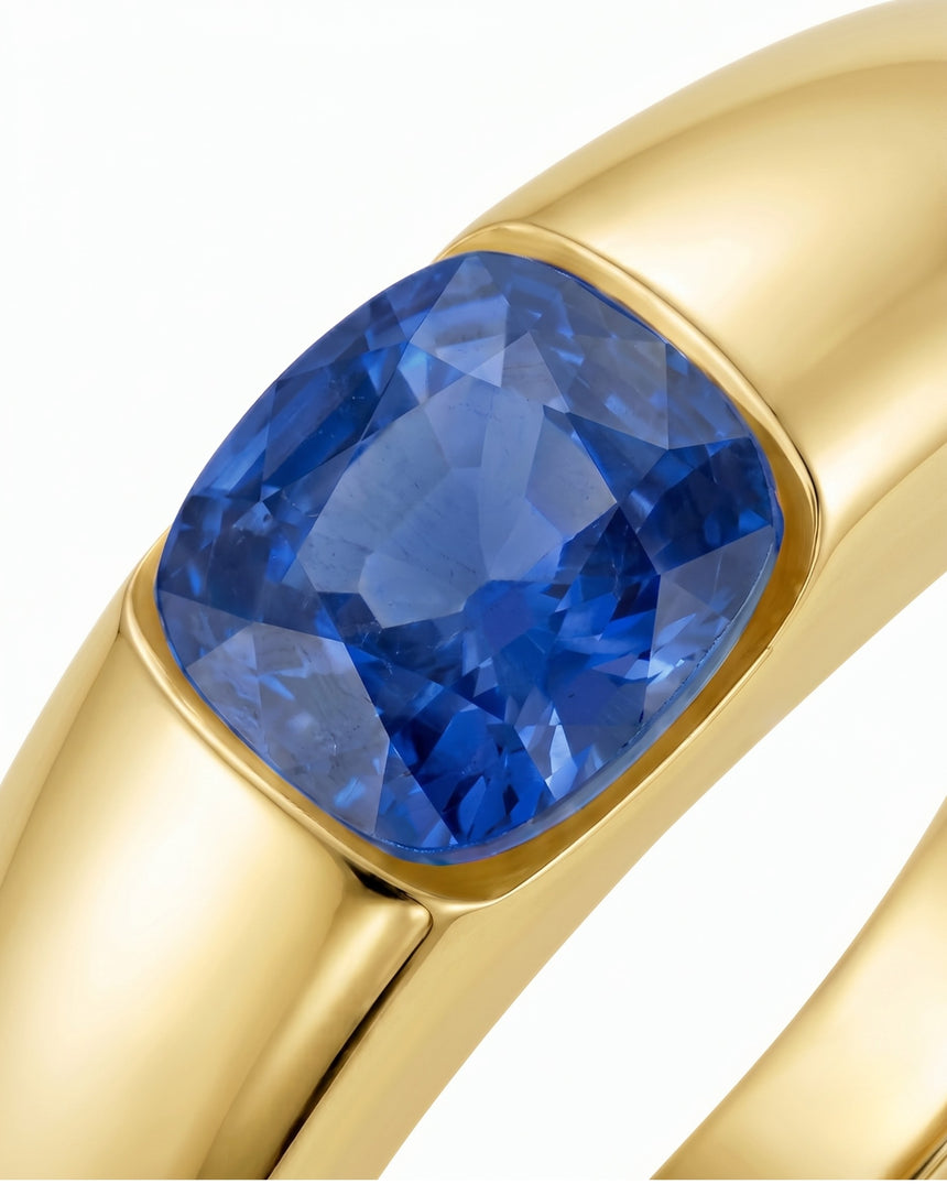 Luxury blue sapphire tension ring with minimalist 18K yellow gold sculptural band - SARATTI