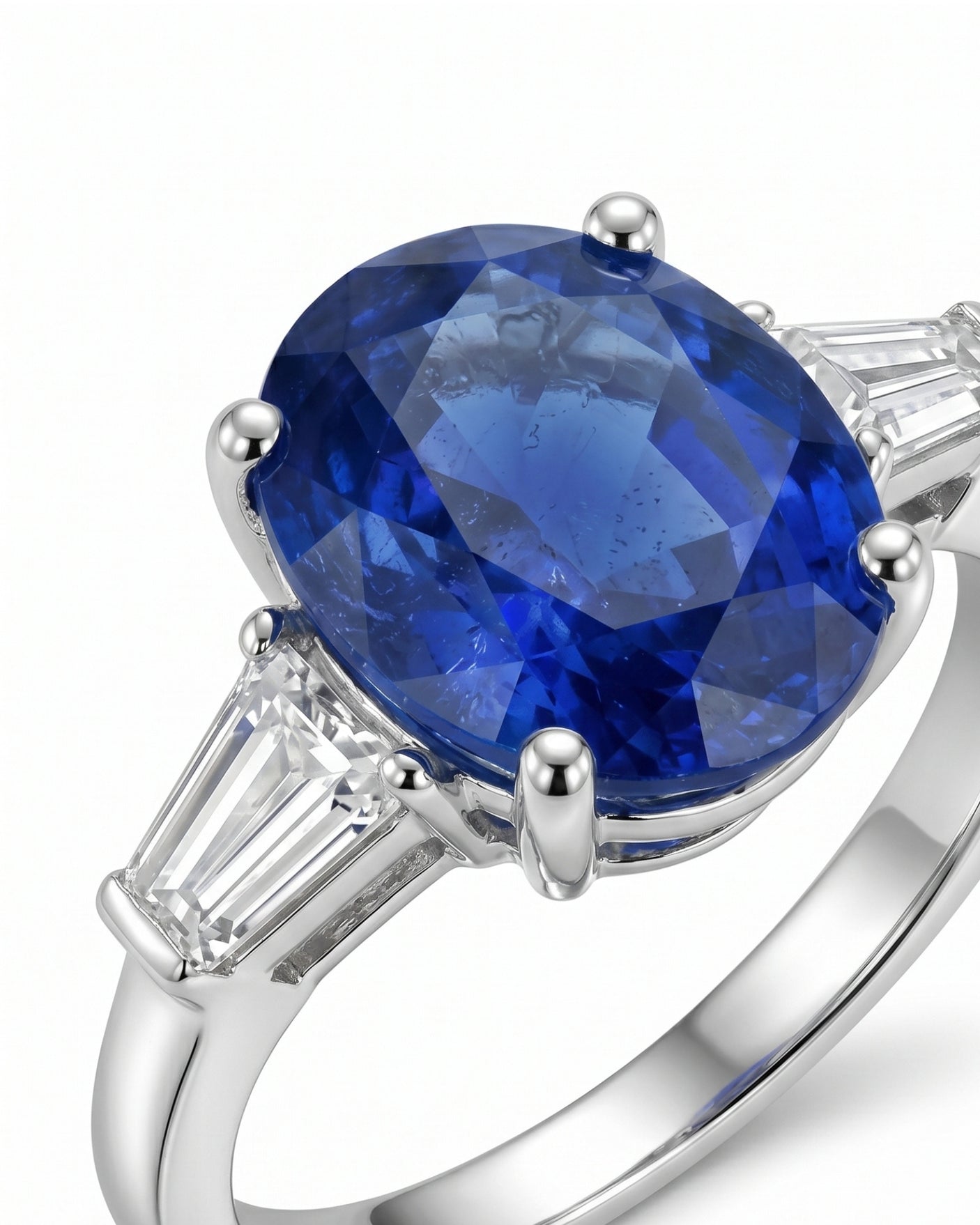 Luxury blue sapphire three-stone ring with baguette diamonds in polished platinum - SARATTI
