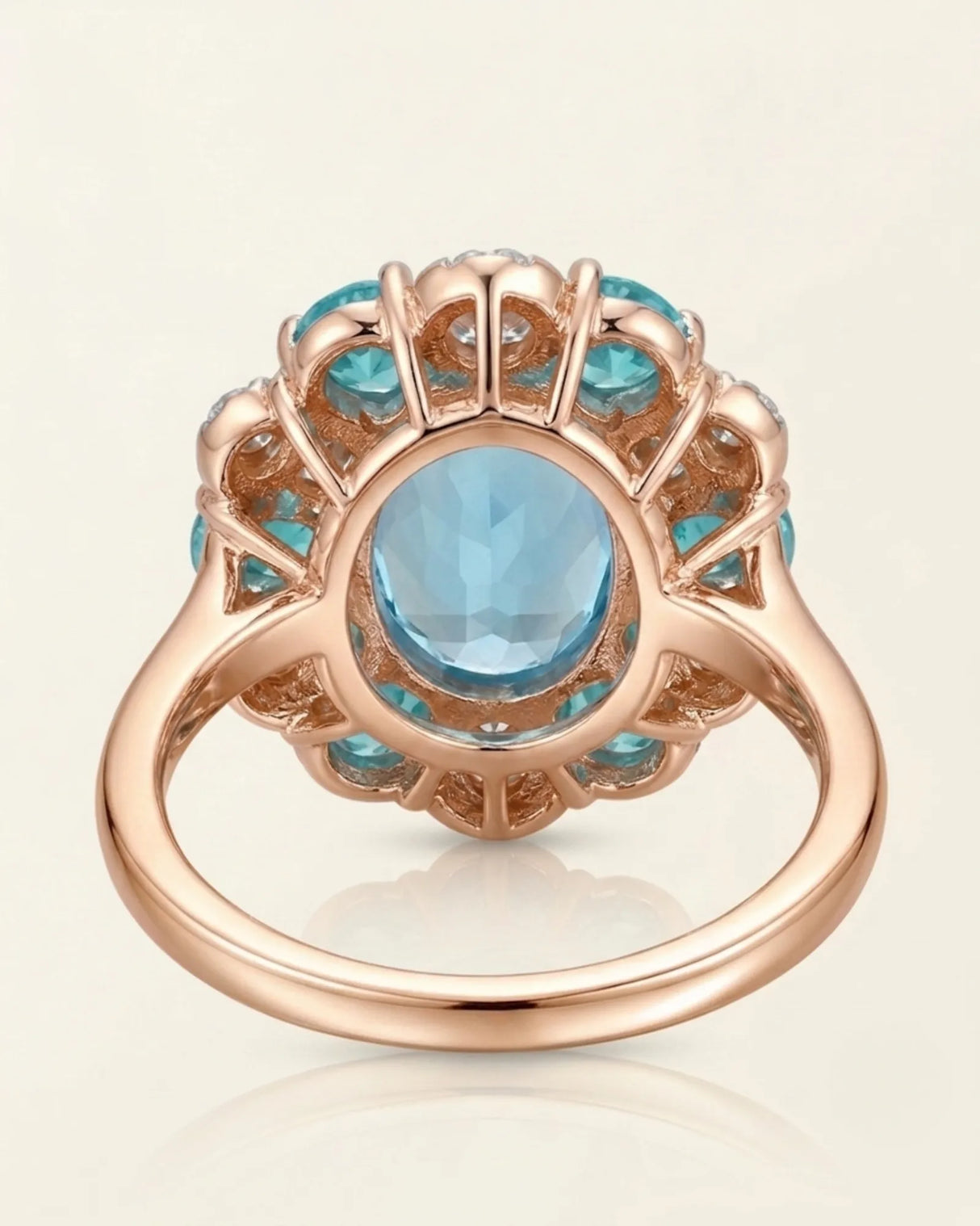 Luxury blue topaz cocktail ring with apatite and diamond bloom in 18K rose gold - SARATTI