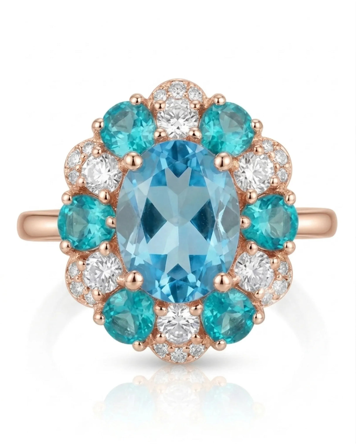 Luxury blue topaz cocktail ring with apatite and diamond bloom in 18K rose gold | SARATTI