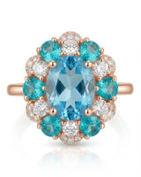 Luxury blue topaz cocktail ring with apatite and diamond bloom in 18K rose gold | SARATTI
