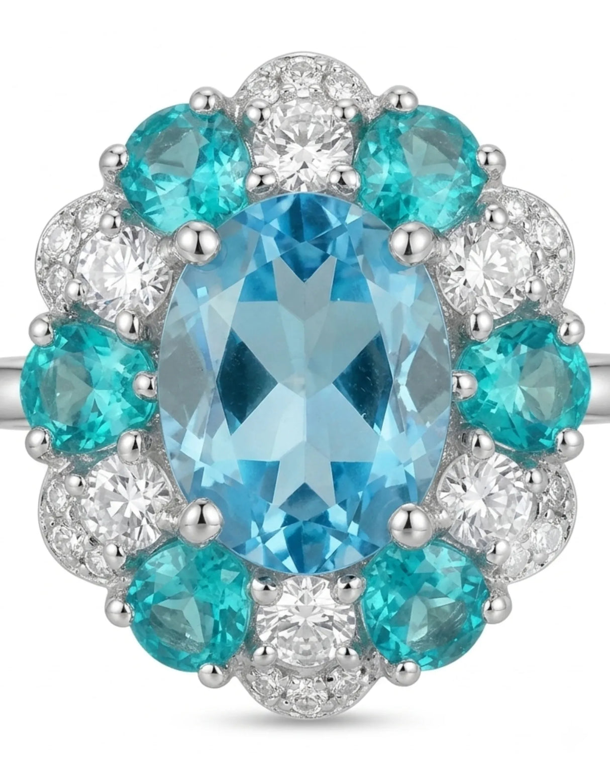 Luxury blue topaz cocktail ring with apatite and diamond bloom in 18K white gold | SARATTI