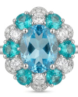 Luxury blue topaz cocktail ring with apatite and diamond bloom in 18K white gold | SARATTI
