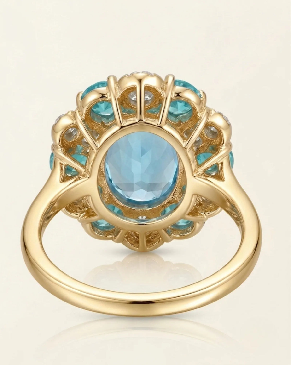 Luxury blue topaz cocktail ring with apatite and diamond bloom in 18K yellow gold-| SARATTI