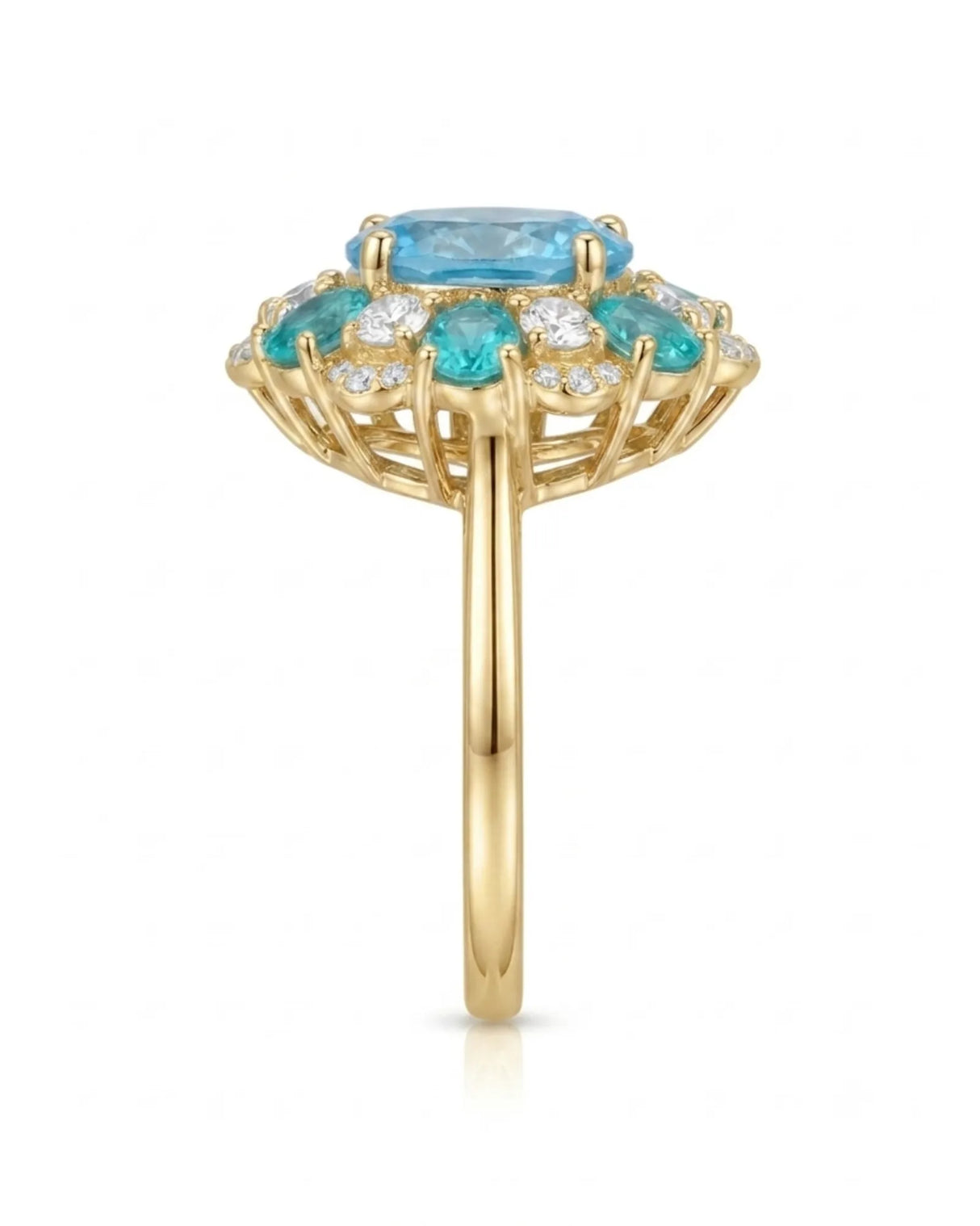 Luxury blue topaz cocktail ring with apatite and diamond bloom in 18K yellow gold | SARATTI