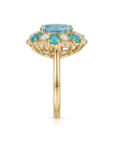 Luxury blue topaz cocktail ring with apatite and diamond bloom in 18K yellow gold | SARATTI