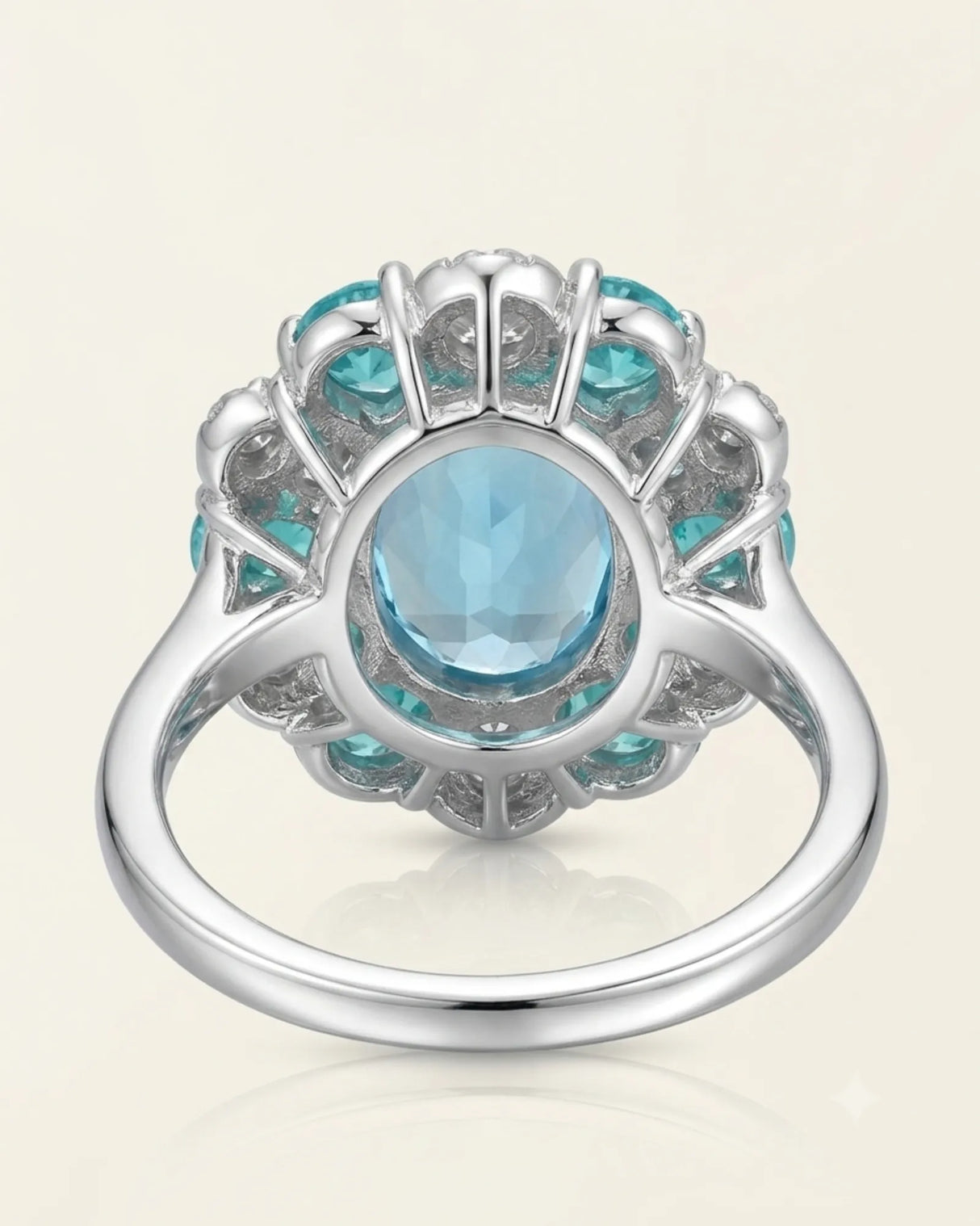 Luxury blue topaz cocktail ring with apatite and diamond bloom in platinum - SARATTI
