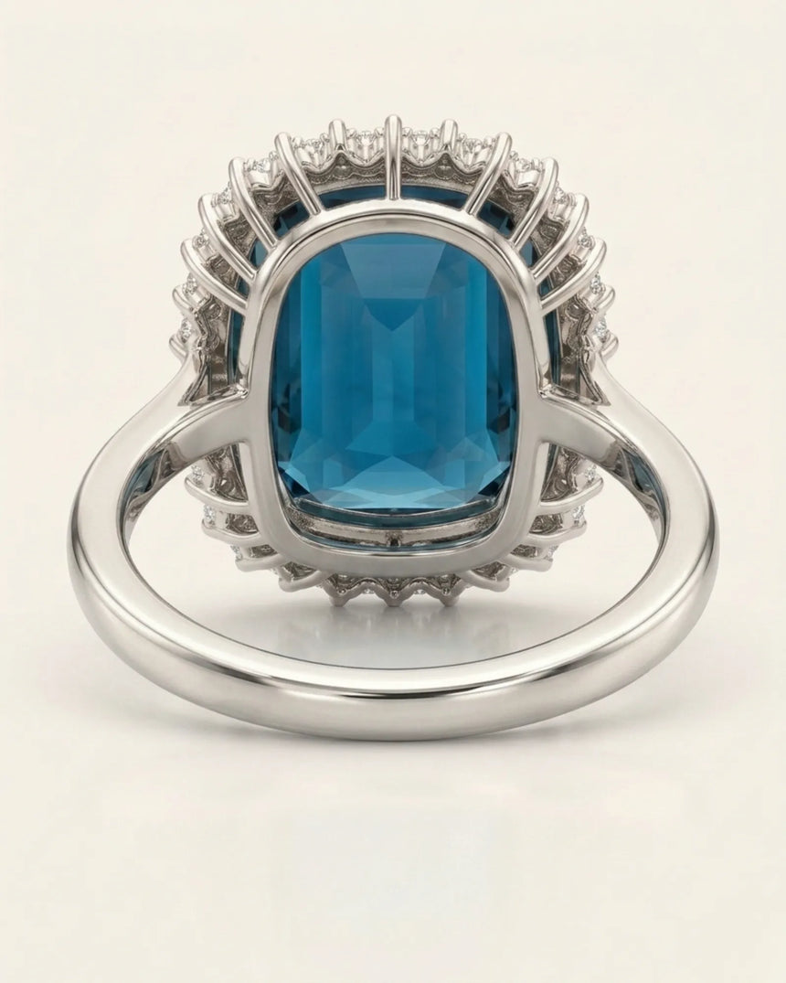 Luxury blue tourmaline and diamond ring in platinum with elegant halo structure - SARATTI