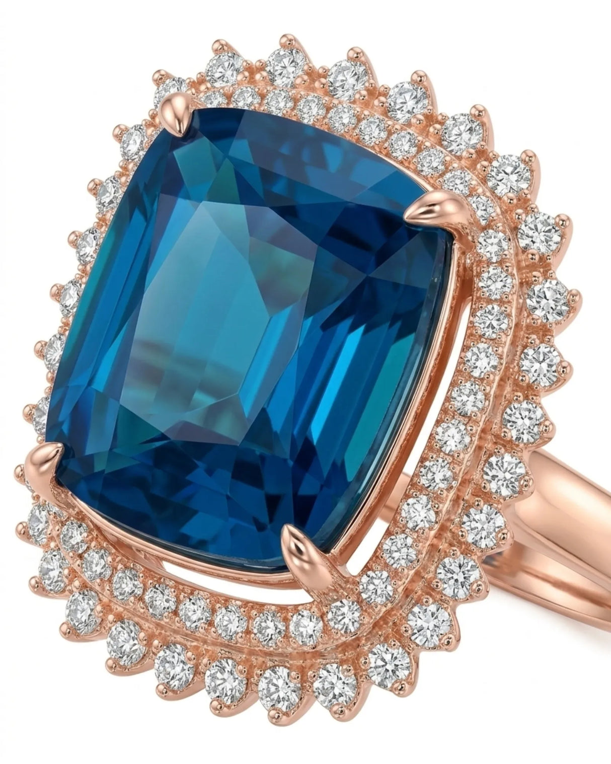 Luxury blue tourmaline and diamond ring in rose gold with refined halo design | SARATTI