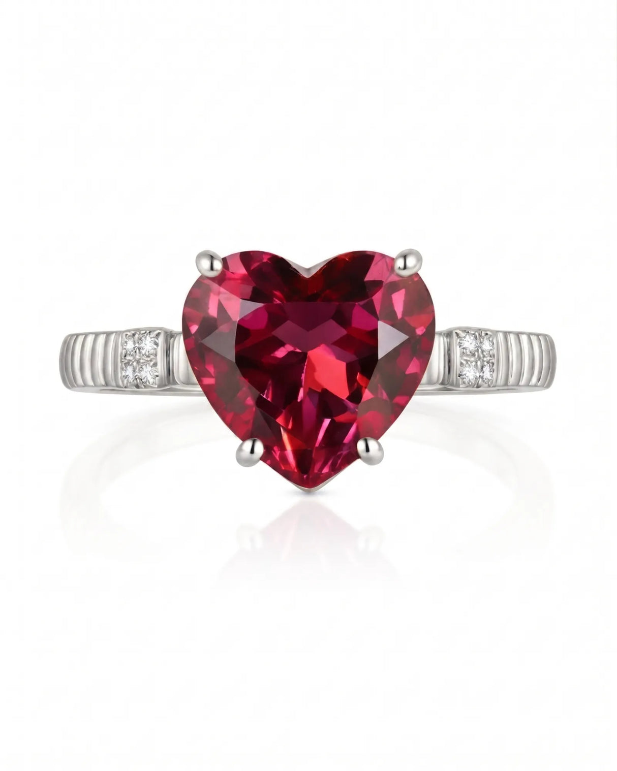 Luxury crimson tourmaline heart ring with diamond details in 18K White Gold - SARATTI