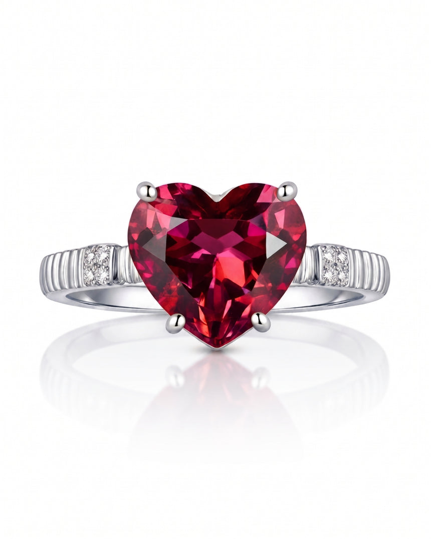Luxury crimson tourmaline heart ring with diamond details in elegant Platinum | SARATTI