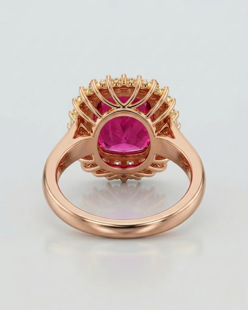 Luxury crimson tourmaline ring with natural diamond halo in 18K rose gold | SARATTI